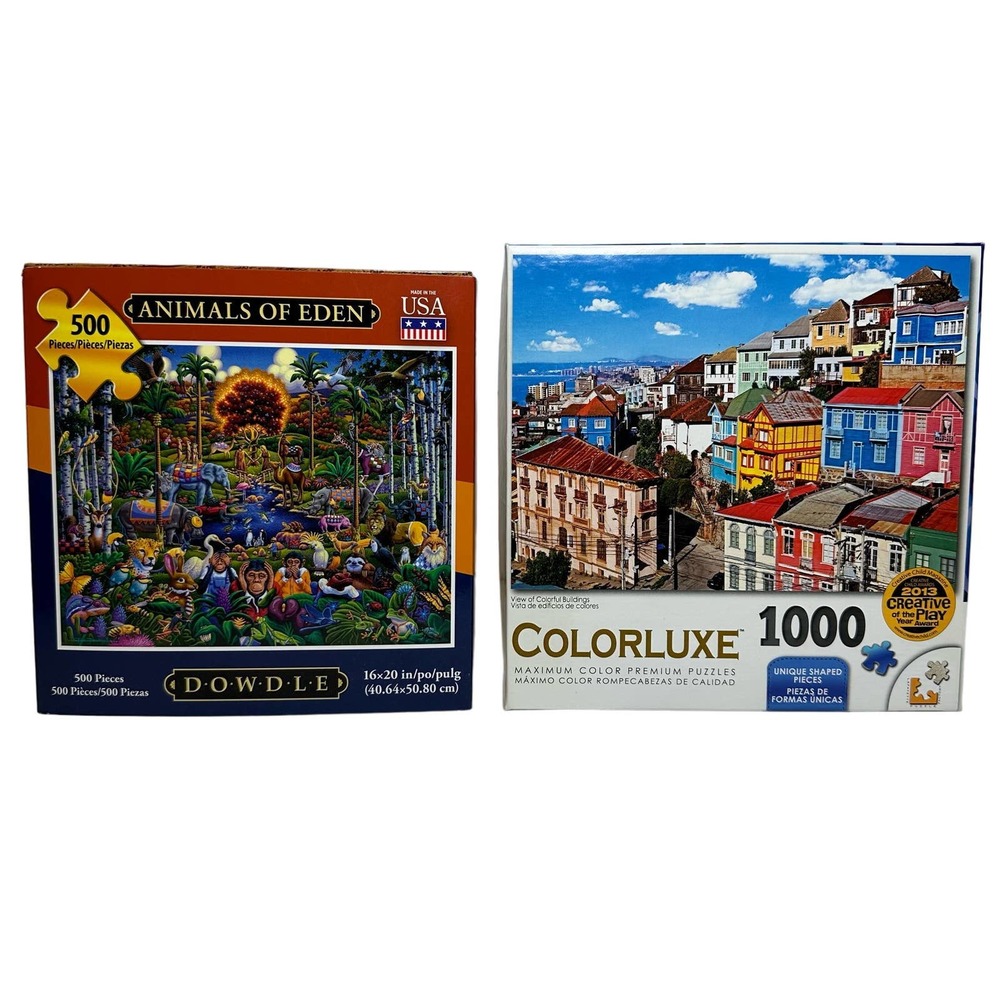 Two Puzzles Lot, NWT Dowdle 500pc Animals & 1k pc Colorluxe Buildings